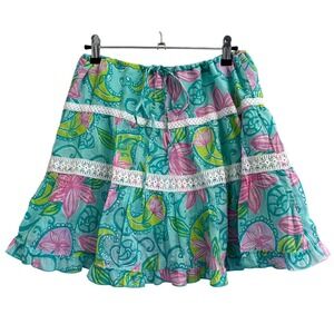 Lilly Pulitzer Bliss Blue Lazy Paisley Skirt Small Ruffle Lace Tiered Resort‎